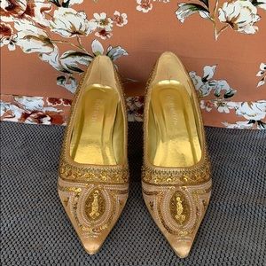 Gold Embroidered Point Toe Dress Pumps
